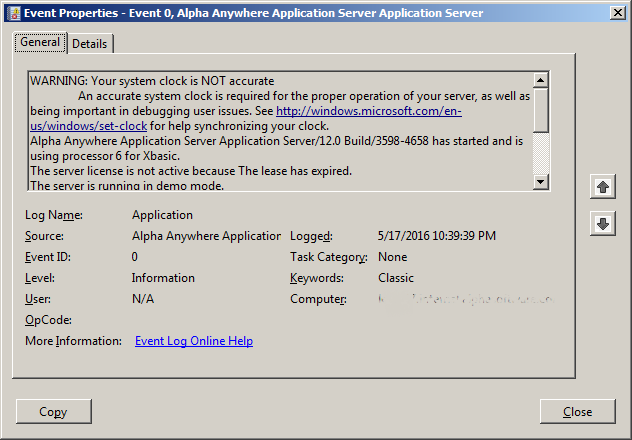 Windows Event indicating the Alpha Anywhere Application Server could not activate due to an inaccurate system clock